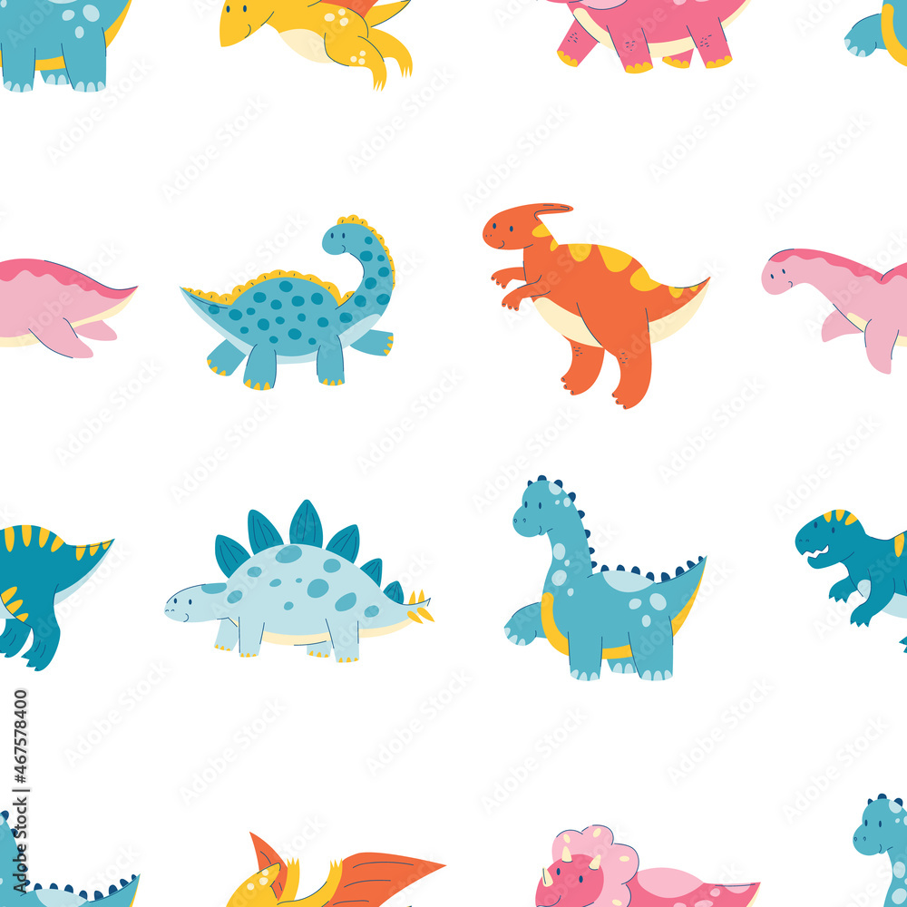 Fototapeta premium dinosaur seamless pattern. cute cartoon triceratops, reptile, dragon, monster flat pattern. Seamless texture with baby kid animal. Stock vector illustration on a white background.
