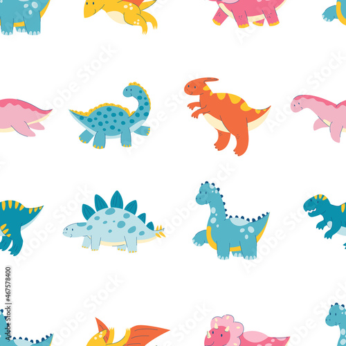 dinosaur seamless pattern. cute cartoon triceratops  reptile  dragon  monster flat pattern. Seamless texture with baby kid animal. Stock vector illustration on a white background.
