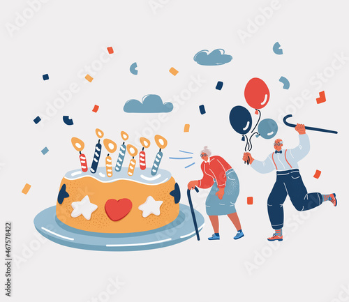 Vector illustration of Portrait of senior couple with big cake. Celebratinon of birthday. Elderly people party