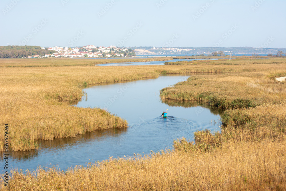 The lake among the yellowed reeds. Autumn in Igneada Mert Lake.