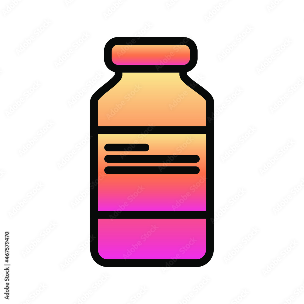 Medical vial with a vaccine. Bottle icon in pink gradient and black outline. Healthcare in modern flat design. Pharmaceutical pills for the virus and colds. Vector. Medical vial with a vaccine. Bottle icon in pink gradient and black outline. Healthcare in modern flat design. Pharmaceutical pills for the virus and colds. Vector.