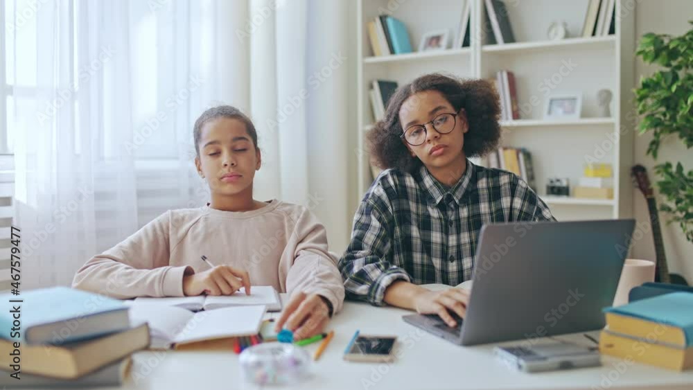 Exhausted pupils studying at home, school time management, academic pressure Exhausted pupils studying at home, school time management, academic pressure