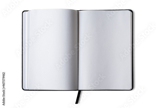 Notebook unfolded showing blank pages isolated on white background. photo