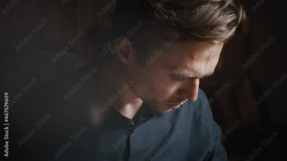 Professional occupation. Close up portrait of concentrated caucasian man working with tools at workshop, tracking shot Professional occupation. Close up portrait of concentrated caucasian man working with tools at workshop, tracking shot
