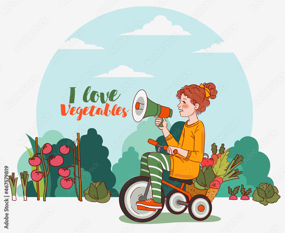 Cute kid with fresh vegetables rides on bicycle in the garden. Funny girl shouting on the megaphone. Summer time