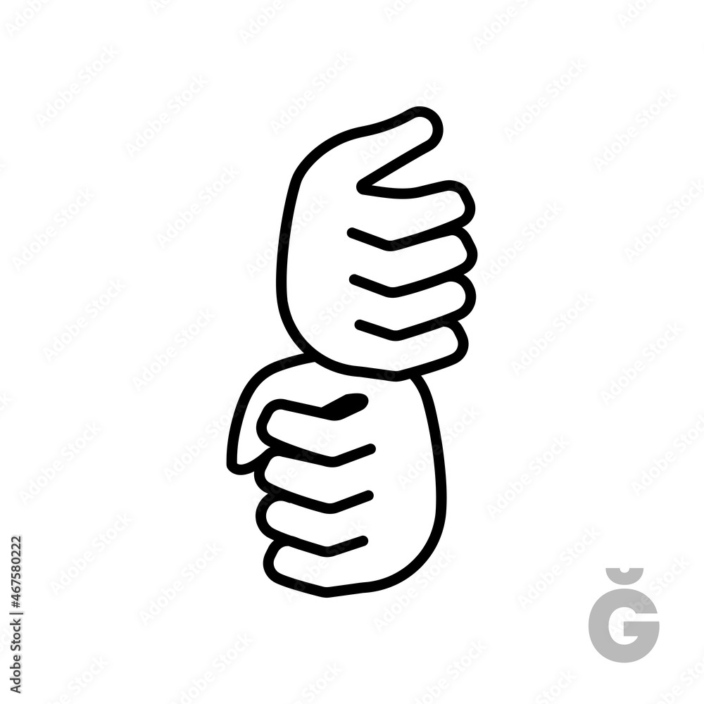 Letter Ğ Universal and handicapped hand alphabet letter. Simple clear linear letter Ğ, hand language. Learning the alphabet, non-verbal deaf-mute communication, expressive gestures vector. Letter Ğ Universal and handicapped hand alphabet letter. Simple clear linear letter Ğ, hand language. Learning the alphabet, non-verbal deaf-mute communication, expressive gestures vector.