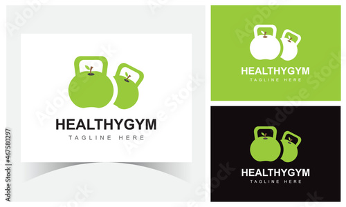 Healthy Gym Logo Design Template. Fruits Gym For Good Health. Apple and Kettlebell Combination Gym Instrument. 