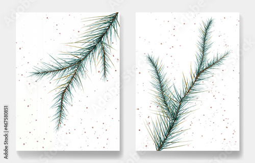 Set of modern posters with spruce branch and golden splashes. Botanical art background for decoration and christmas holiday cards