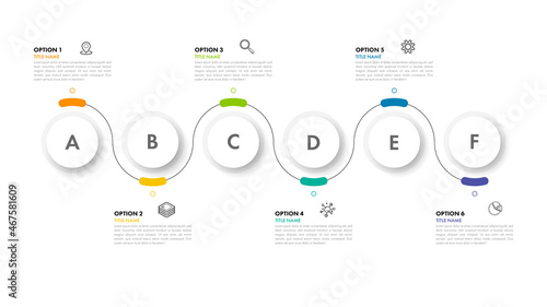 Infographic element can be used for presentation, banner, graphic, business flow and diagram. Modern flat Timeline template with 6 option, parts, step for process. Abstract template.