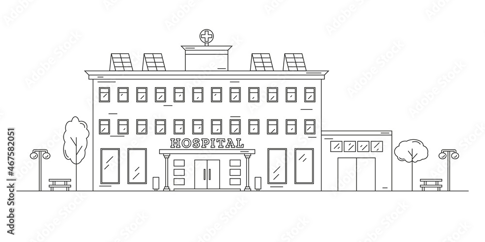 Landscape with a hospital building drawn with contour lines on a white background. Editable stroke. Energy saving. Eco energy. Vector illustration