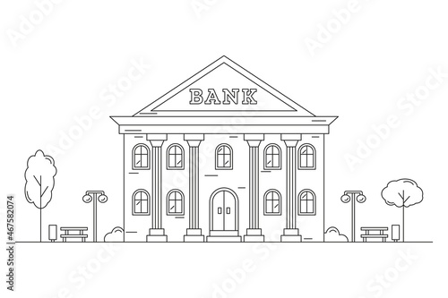 Landscape with a bank building drawn with contour lines on a white background. Line Art. Editable stroke.
