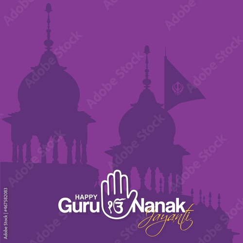 Typography of Happy Guru Nanak Jayanti. Creative Banner Design for Guru Nanak Birthday. Editable Illustration of Golden Temple, Amritsar. photo