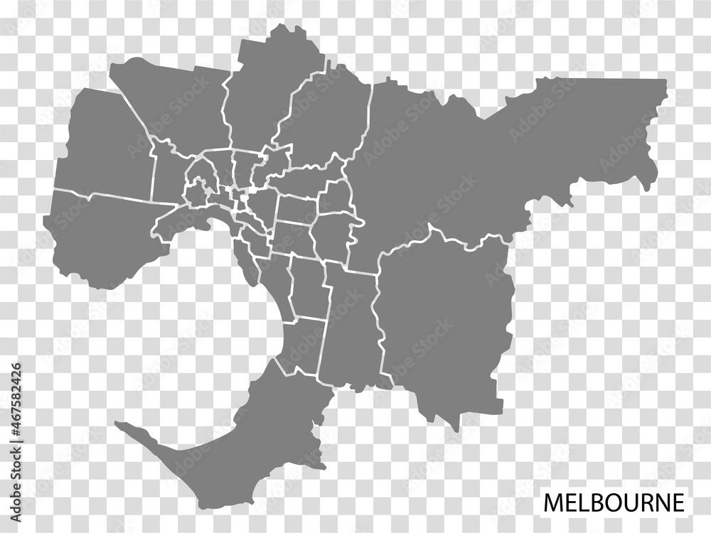 Obraz premium High Quality map of Melbourne is a city of Australia, with borders of the regions. Map of Melbourne for your web site design, app, UI. EPS10.