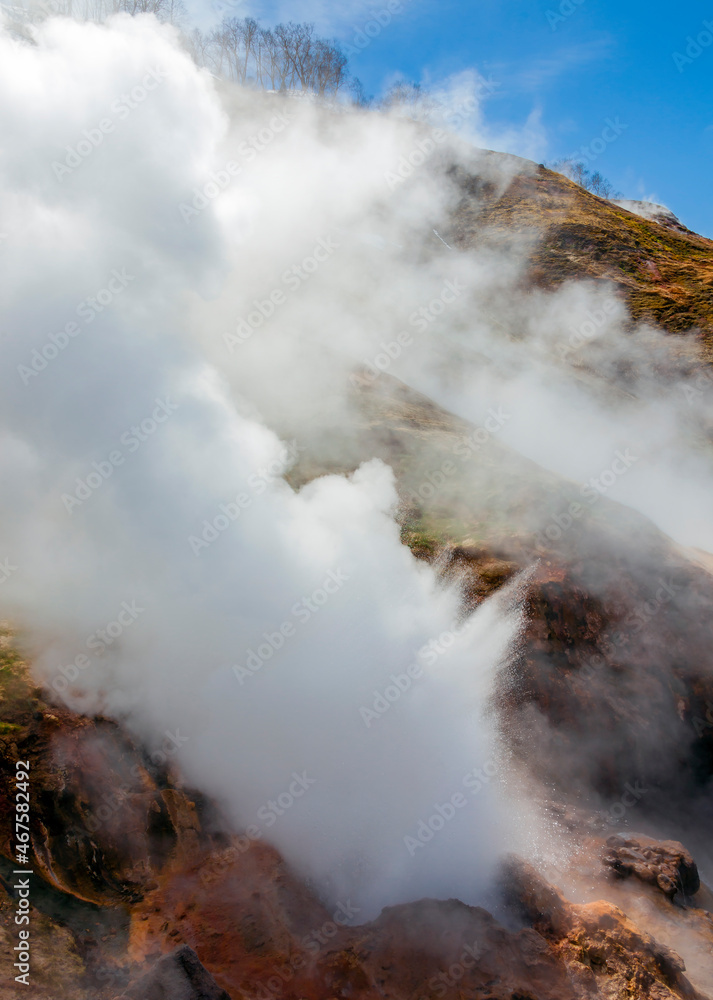 Boiling water and steam gush from geyser in zone of volcanic activity.