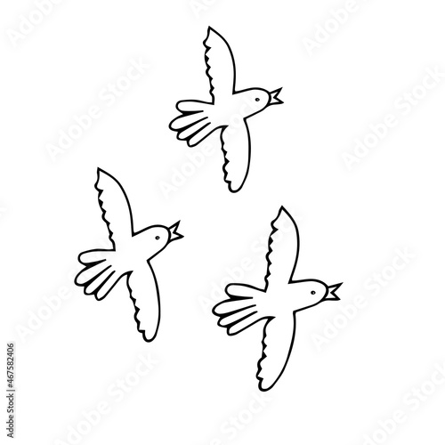Hand-drawn black vector illustration of a group of doves is flying on a white background