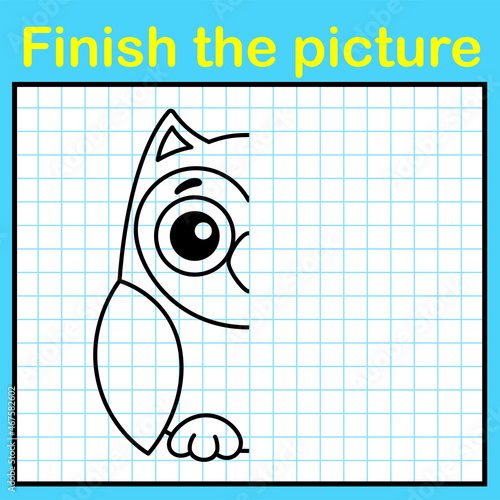 Complement the owl with a symmetrical picture and paint it. A simple drawing game for kids