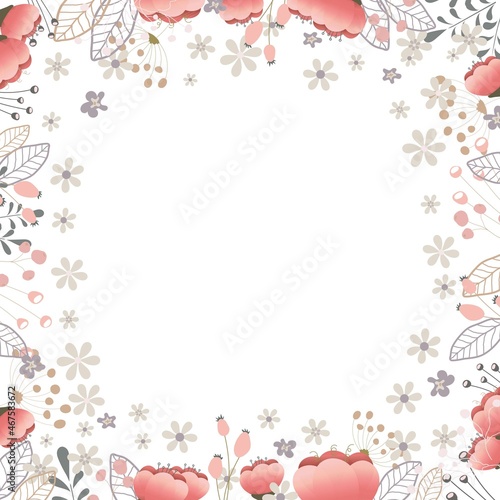 A square frame of flowers isolated on a white background. Vector illustration.