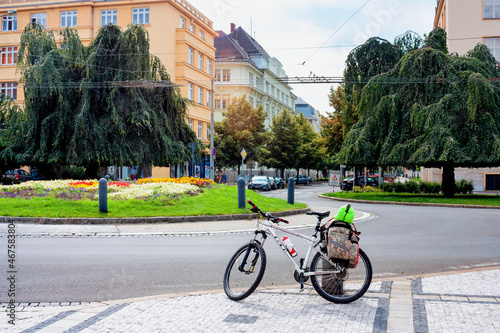 Summer cityscape - view of the street with parked bicycle in the center of Ostrava, Moravian-Silesian Region, in the north-east of the Czech Republic photo