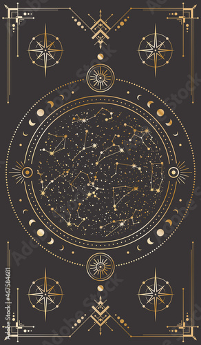 Vector golden celestial background with ornate outline geometric frame, magical circle with stars, zodiac constellations, moon phases and concentric circles. Occult linear banner. Tarot cards cover
