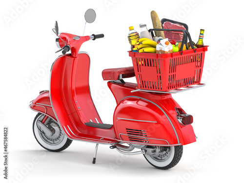 Express food delivery. Scooter and shopping basket with food. photo