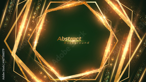 Abstract luxury green background with shining golden lines.