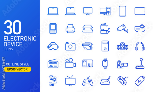 Electronic device icon set in outlined style. Suitable for design element of technology app, user interface, and modern digital product.