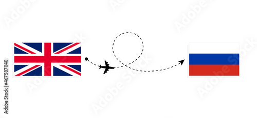 Flight and travel from United Kingdom of Great Britain to Russia by passenger airplane Travel concept