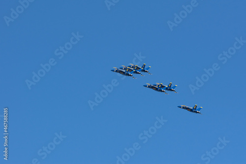 Group of flying aircraft against a clear sky during the National Air Show in Cleveland, USA