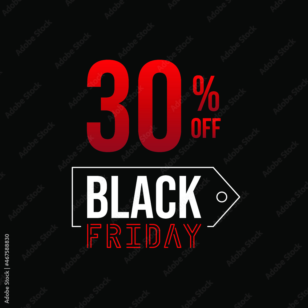 Black friday 30% off, white and red in a black background.
