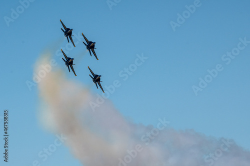 Group of flying aircraft against a clear sky during the National Air Show in Cleveland, USA