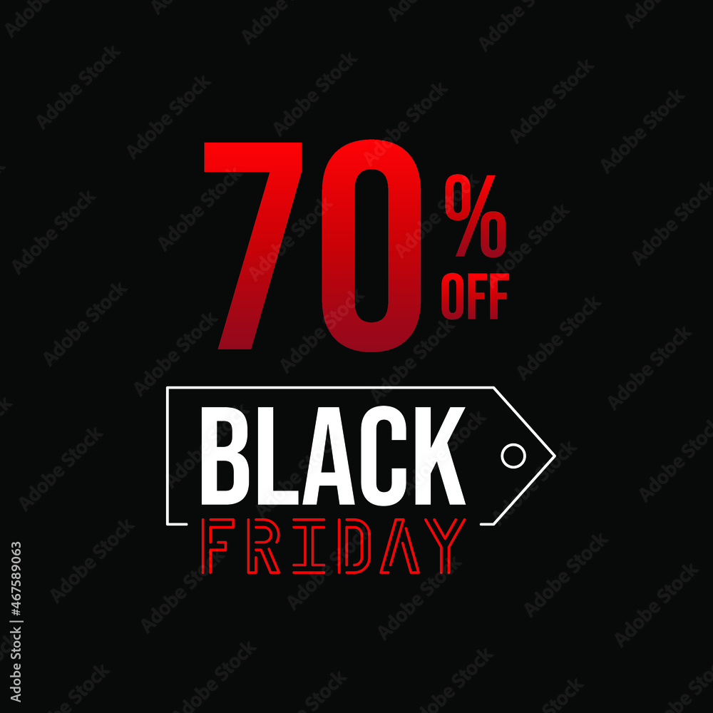 Black friday 70% off, white and red in a black background.