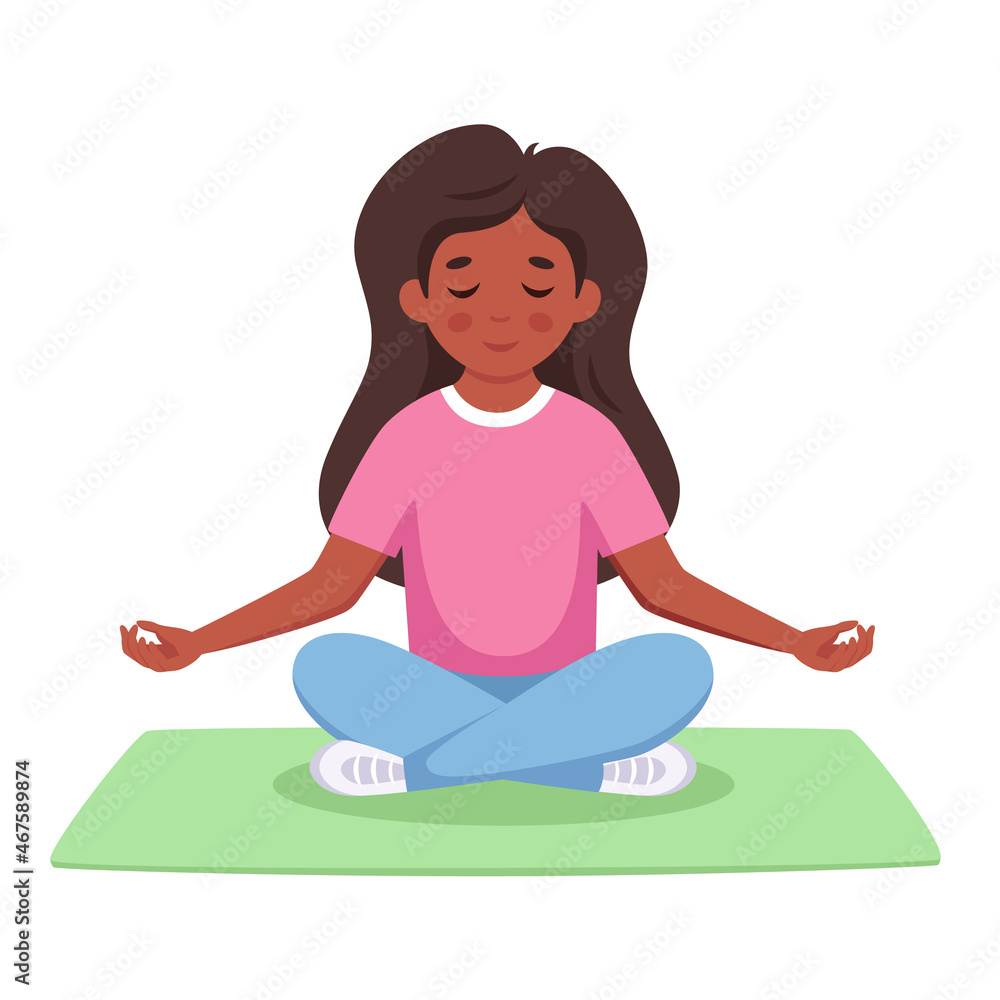 Little girl meditating in lotus pose. Yoga and meditation for kids. Vector illustration Little girl meditating in lotus pose. Yoga and meditation for kids. Vector illustration