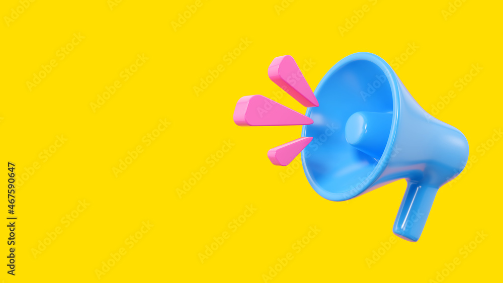 Minimal blue megaphone on yellow background. loudspeaker. Advertising or promotion banner with loudspeaker. 3D rendered image.