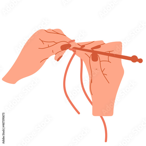 Women's hands crochet for knitting gain loops. Flat vector graphics.