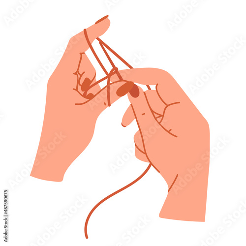 Beautiful female hands are typing loops on the knitting needles.Flat vector graphics.