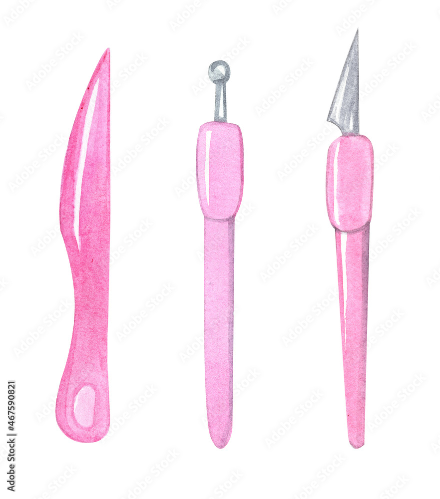 watercolor pink craft tools set isolated on white background watercolor pink craft tools set isolated on white background