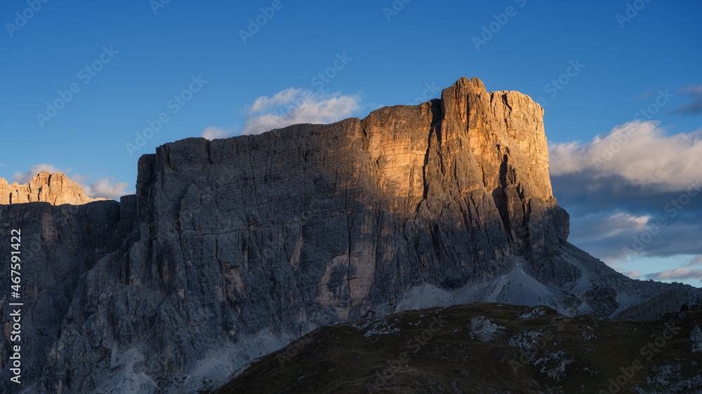 Panoramic view of the mountain peaks during sunset. The Dolomite Alps, Italy. Natural scenery in the highlands. Large resolution photo.