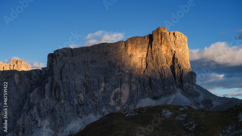Panoramic view of the mountain peaks during sunset. The Dolomite Alps, Italy. Natural scenery in the highlands. Large resolution photo.