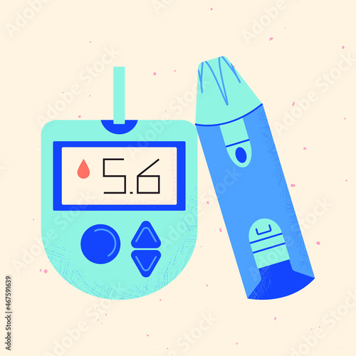 Set Electronic Glucometer and  lancet pen symbol with normal values. Diabetes blood glucose test. Glucose control and diagnostics. Medical apparatus blood meter. Vector stock illustration