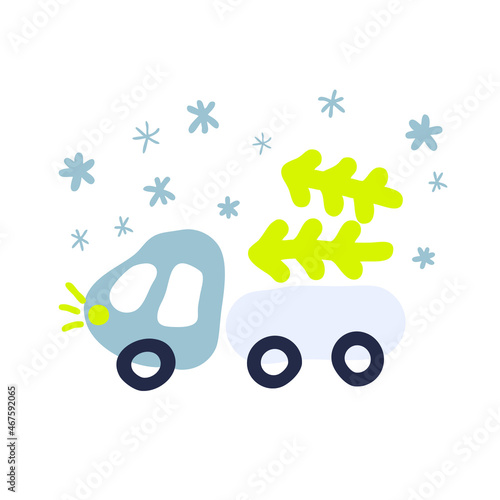 Doodle illustration of truck carrying Christmas trees in snowfall. Perfect for T-shirt, textile, prints, decor and design.
