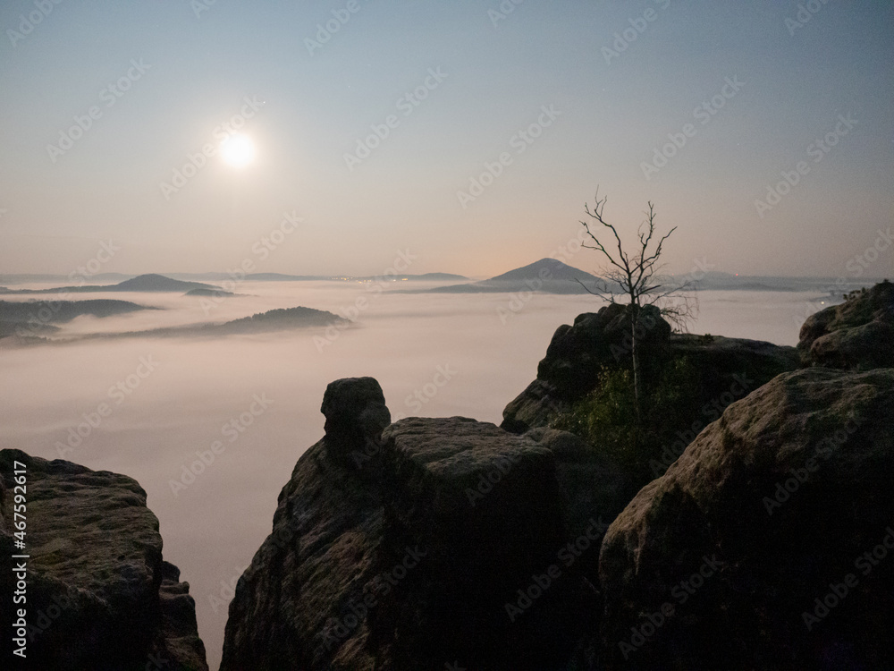 Calm misty landscape during full moon night.