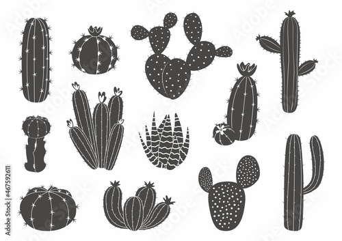 Black cactus. Western Mexican desert plant silhouette with blossom, exotic succulent artwork with thorns and flowers. Botanical blooming elements. Vector graphic isolated set