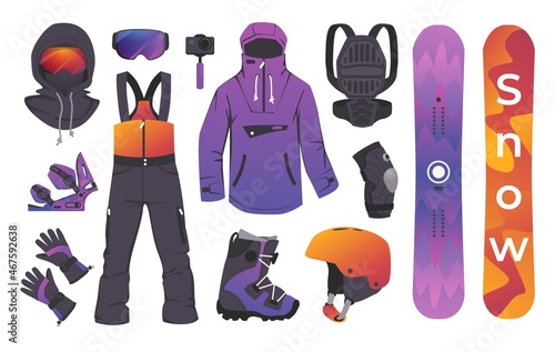 Winter sport kit. Ski equipment and clothes for athletic activity. Bindings boots. Helmet and goggle. Backpack and snowboard. Extreme mountain travel collection. Vector clothing set