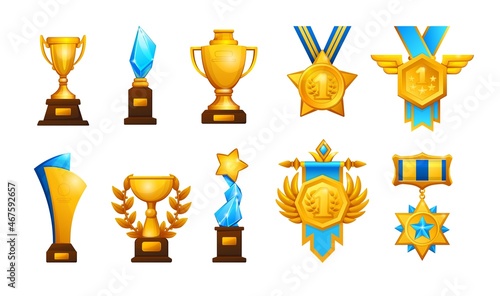 Trophy award. Cartoon golden cup. Sport competitions glass prize. Winning championship medal and badge. Achievement rewards collection. Tournament or contest gift. Vector goblets set
