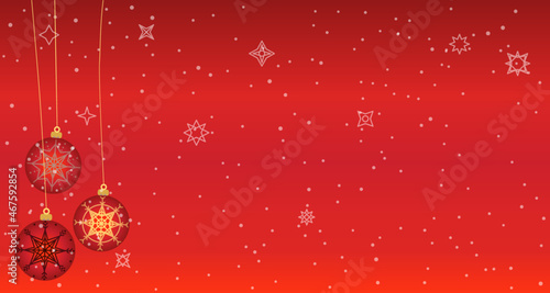 Fondo o banner con bolas de navidad y fondo estrellado en colores rojos con toques dorados con espacio de texto. Temática navideña