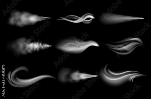 Realistic wind blow. 3D air spray and steam jet effect. Water vapor burst. Foggy cloud. Mist and haze graphic templates. Curve shapes of fume flow. Vector dust and smoke textures set