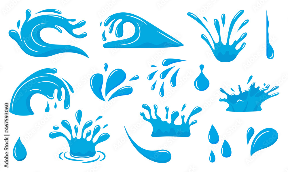 Naklejka premium Cartoon water splash. Blue liquid spill. Raindrop and falling dew. Moisture drip and sea wave. Isolated droplets. Fluid flow and drop splatter. Ocean ripple. Vector dripping aqua set