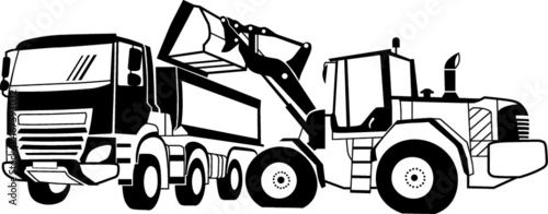 A truck and shovel in black and white illustration
