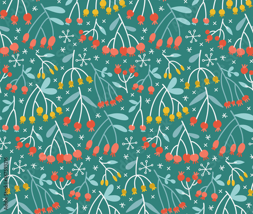 Seamless pattern with branches, leaves and berries on a dark green background. Simple scandi floral backdrop. Natural tapestry wallpaper. Flat hand drawn Vector texture for fabrics, DIY