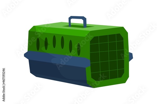 Cartoon animal carrier. Pet transportation box. Isolated green container with grid. Domestic cat or dog accessory. Grooming equipment. Veterinary store goods. Vector feline carrying bag